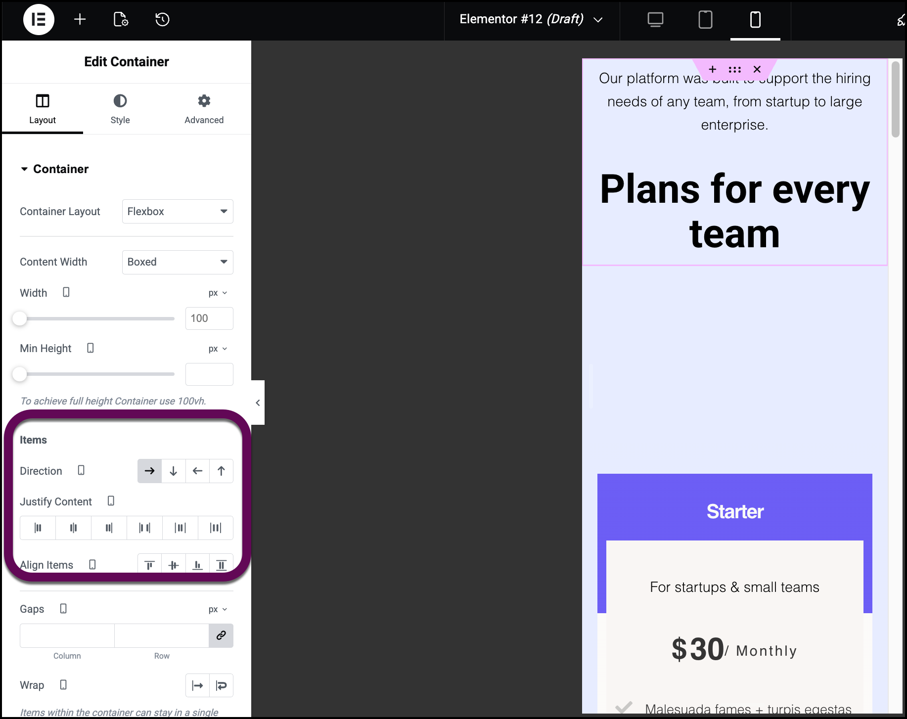 Locate the items section in the Layout tab