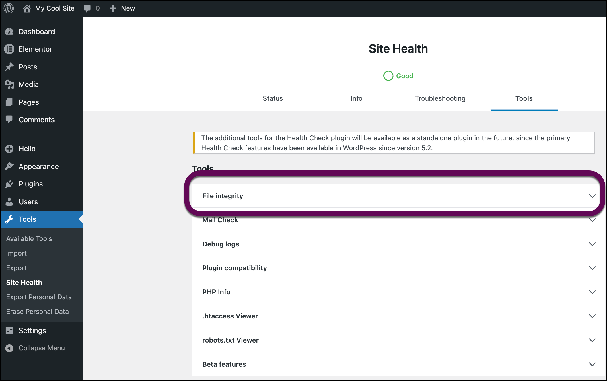 The Files Integrity section