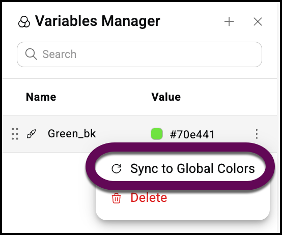Select Sync to Global colors to sync the variable