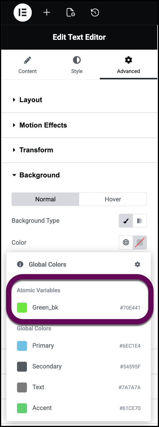 The synced variable appears in the global color dropdown