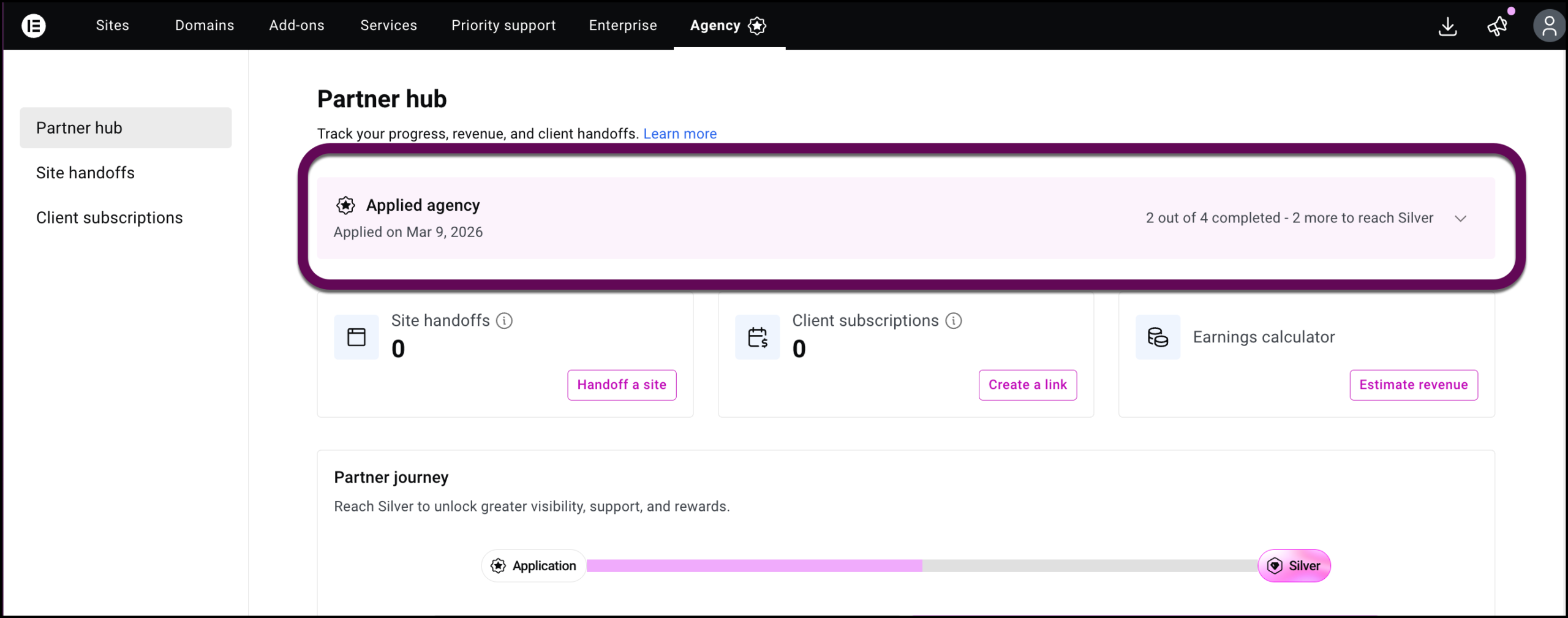 The status section of the Partner dashboard