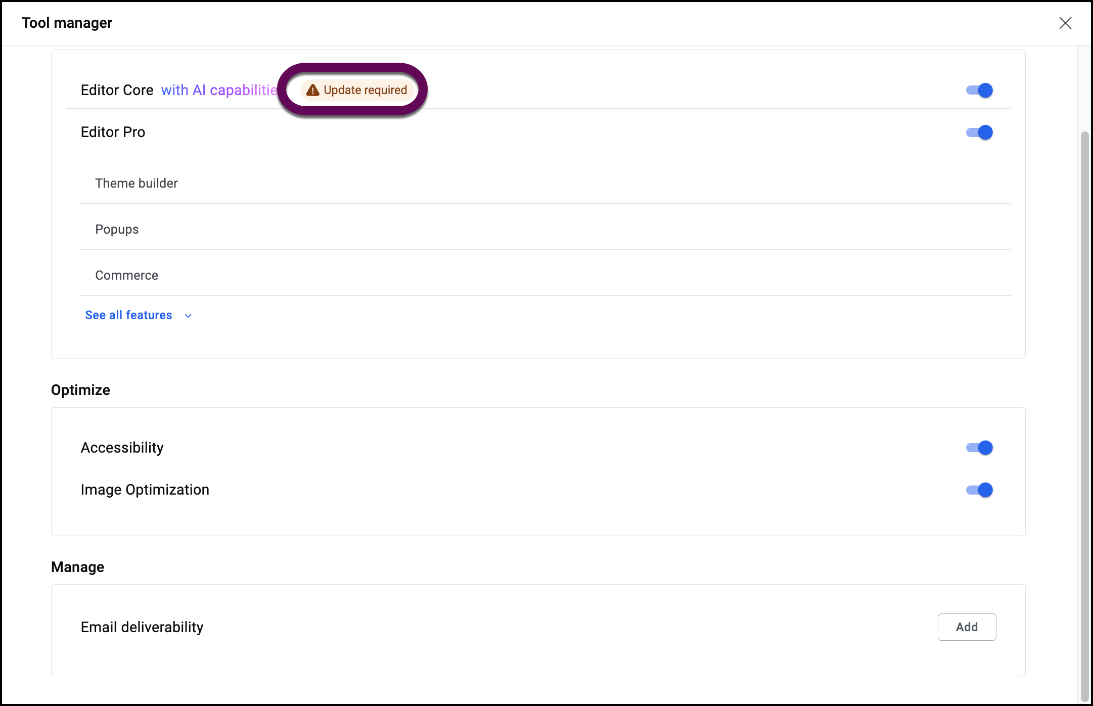The Update Required sign appears for outdated plugins.