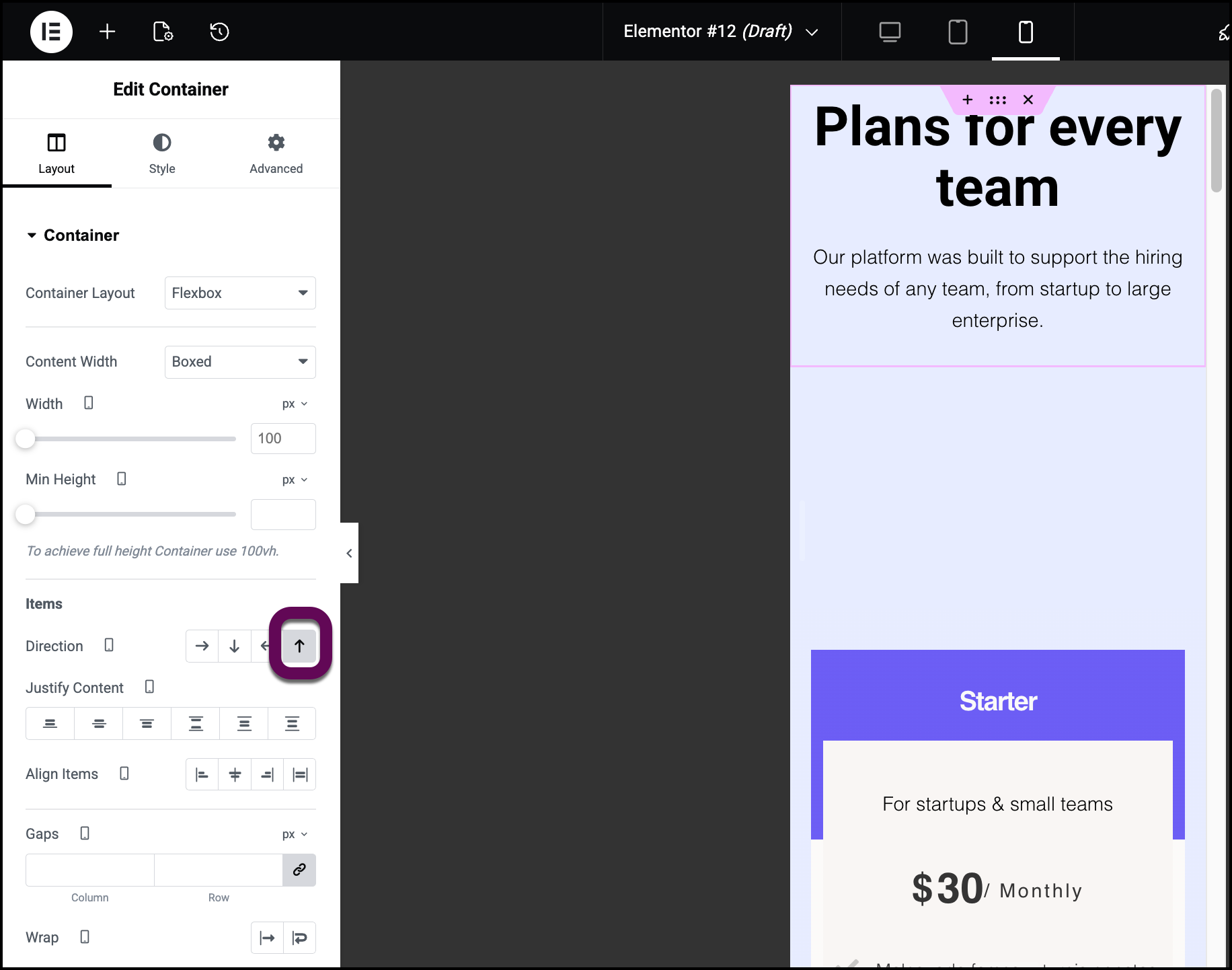 he Elementor Layout panel showing the Items section with the Column Reversed direction icon highlighted for mobile optimization