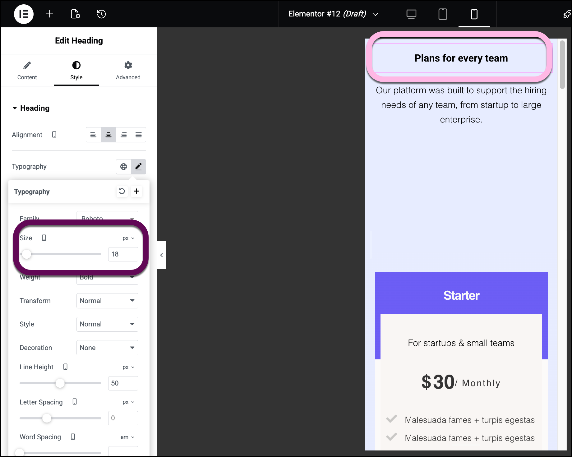 The text size adjusted for mobiles.