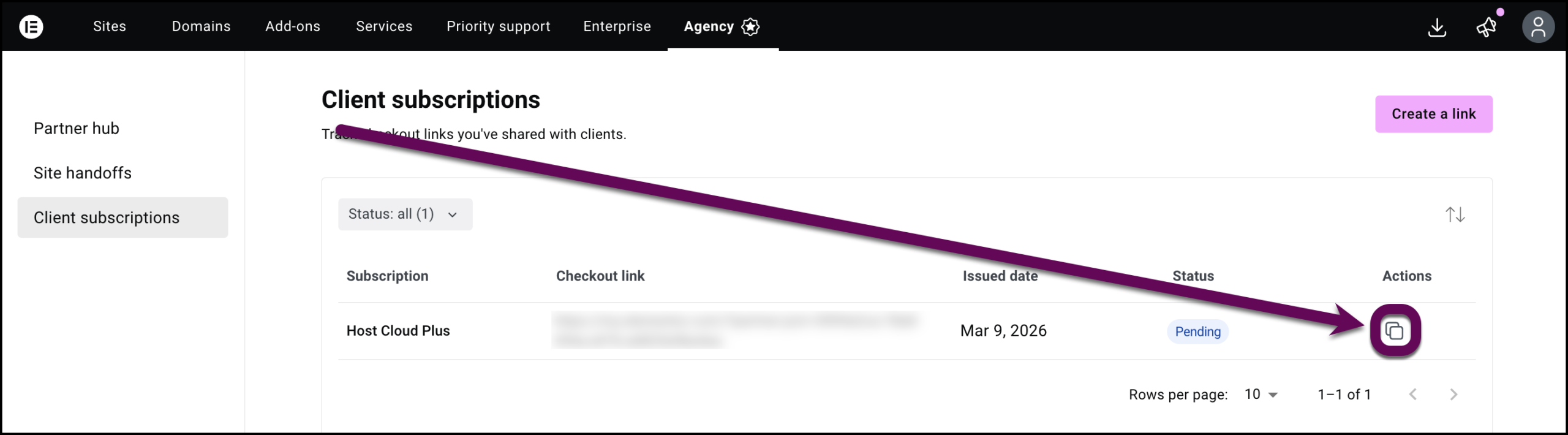 The copy icon which recreates the referral link