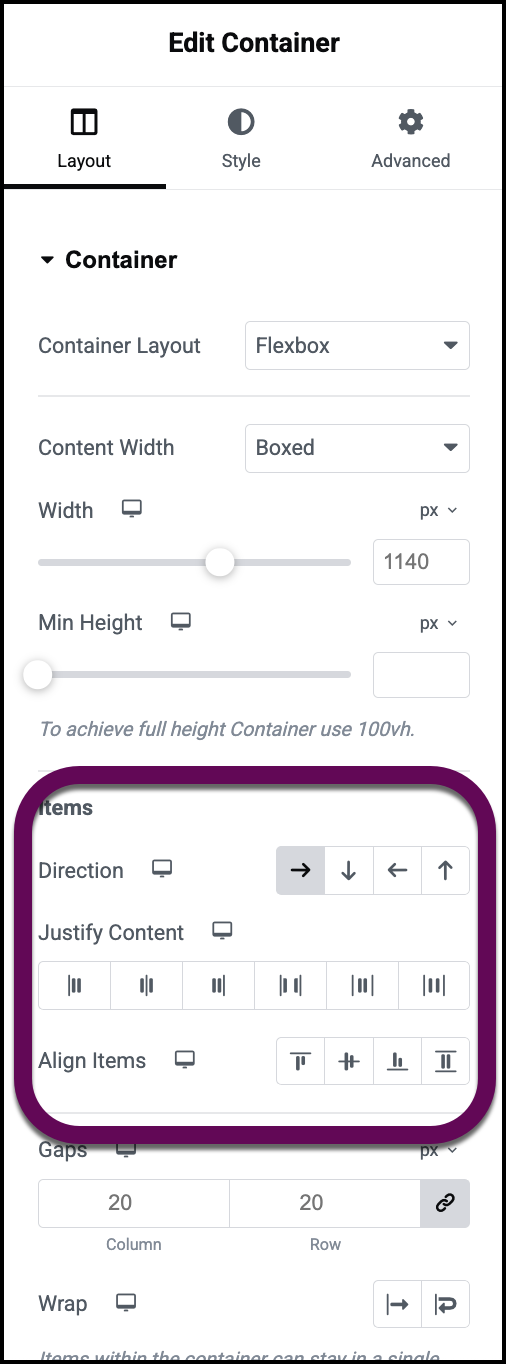 The Elementor Editor Layout tab for a Flexbox Container showing the Align Items and Justify Content controls used to manage child element positioning