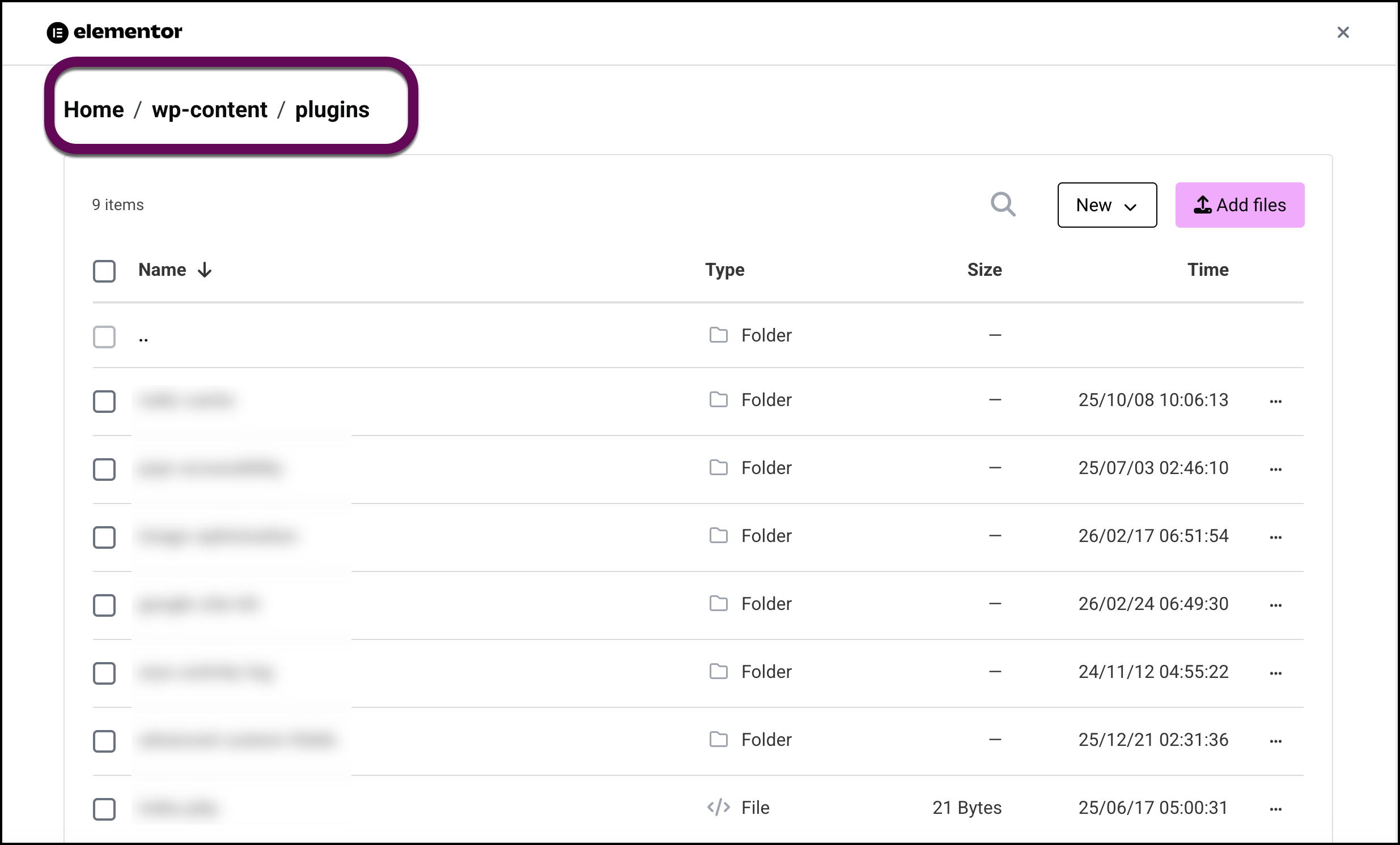 A view of the Elementor File Manager interface showing the /wp-content/plugins/ path with various plugin folders