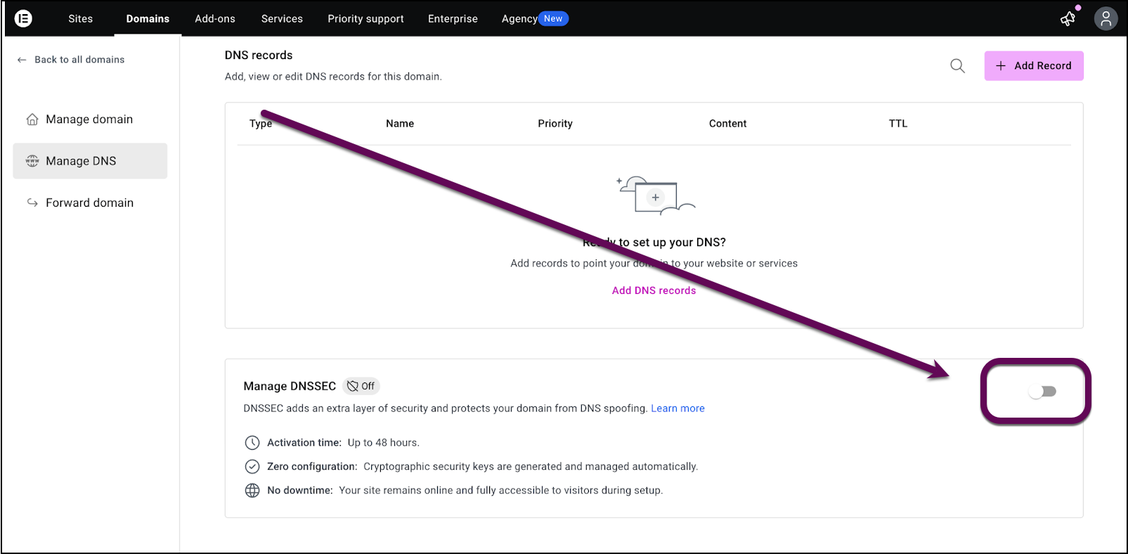 The Elementor hosting dashboard showing the DNSSEC protection toggle in the inactive position