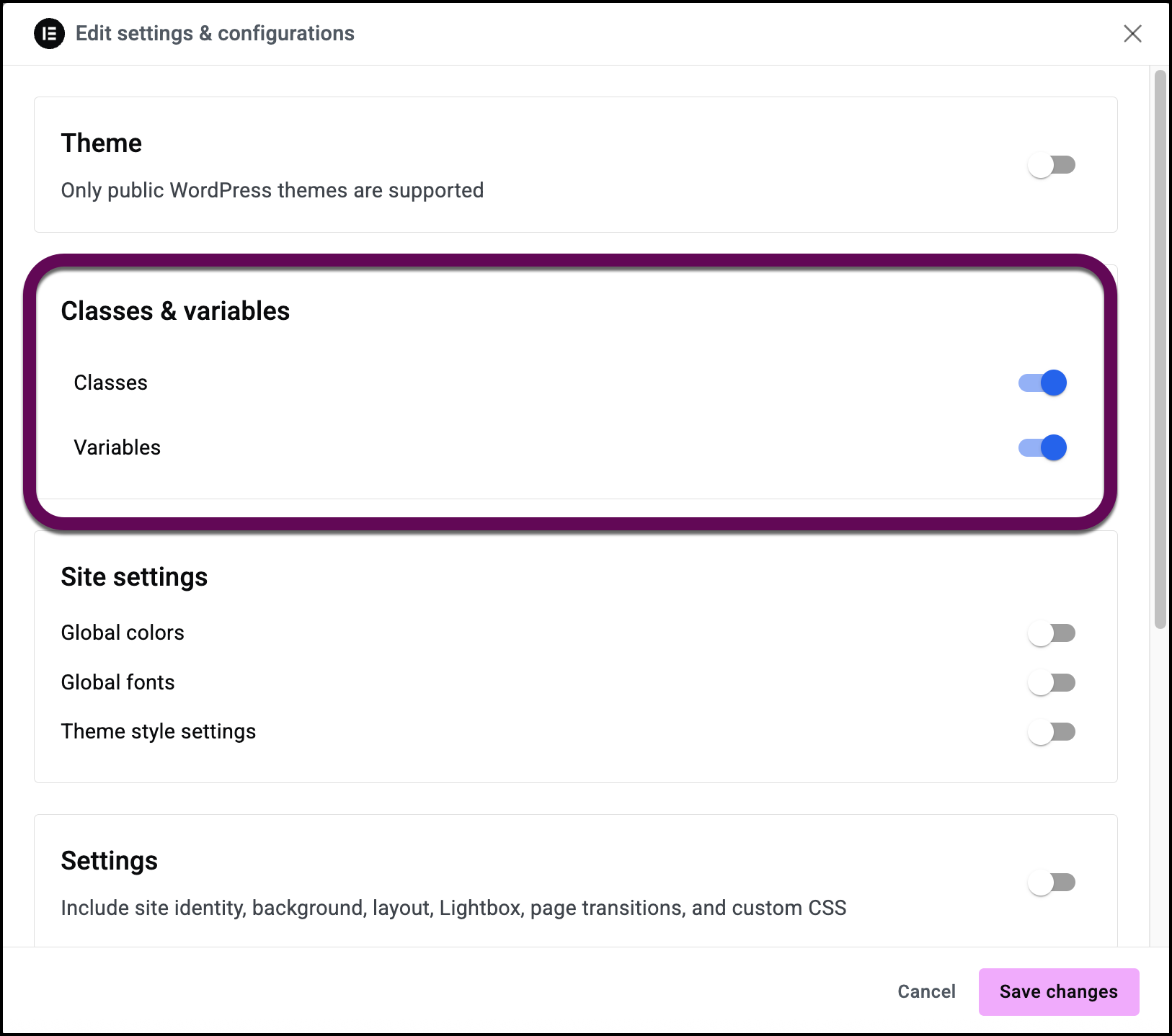 The toggles that let you select Classes and variables