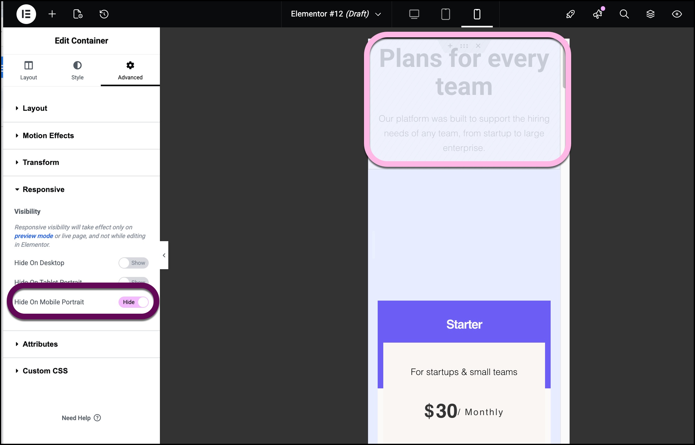 The Elementor Advanced Responsive settings menu with the Hide on Mobile toggle switch turned to the active position.