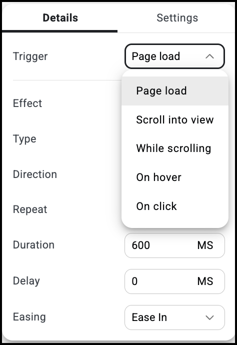 A list of triggers to start an animation