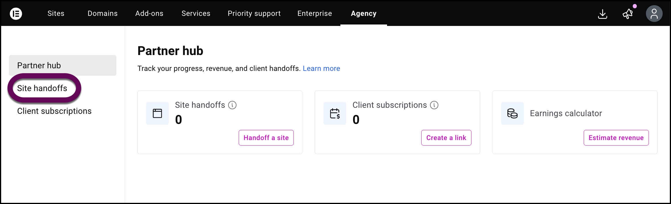 The link to view Site handoffs.