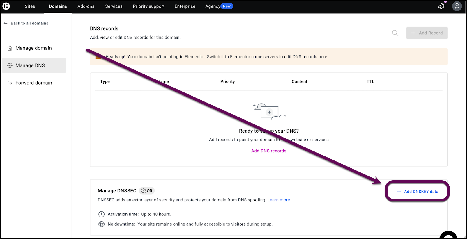 The Add DNSKEY data modal in the Elementor dashboard with a text field for entering public key strings.