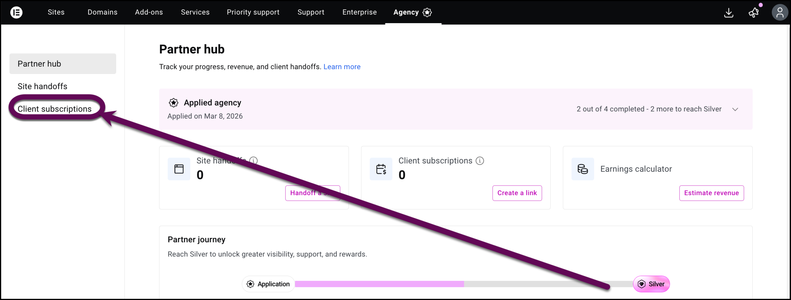 The client subscriptions link