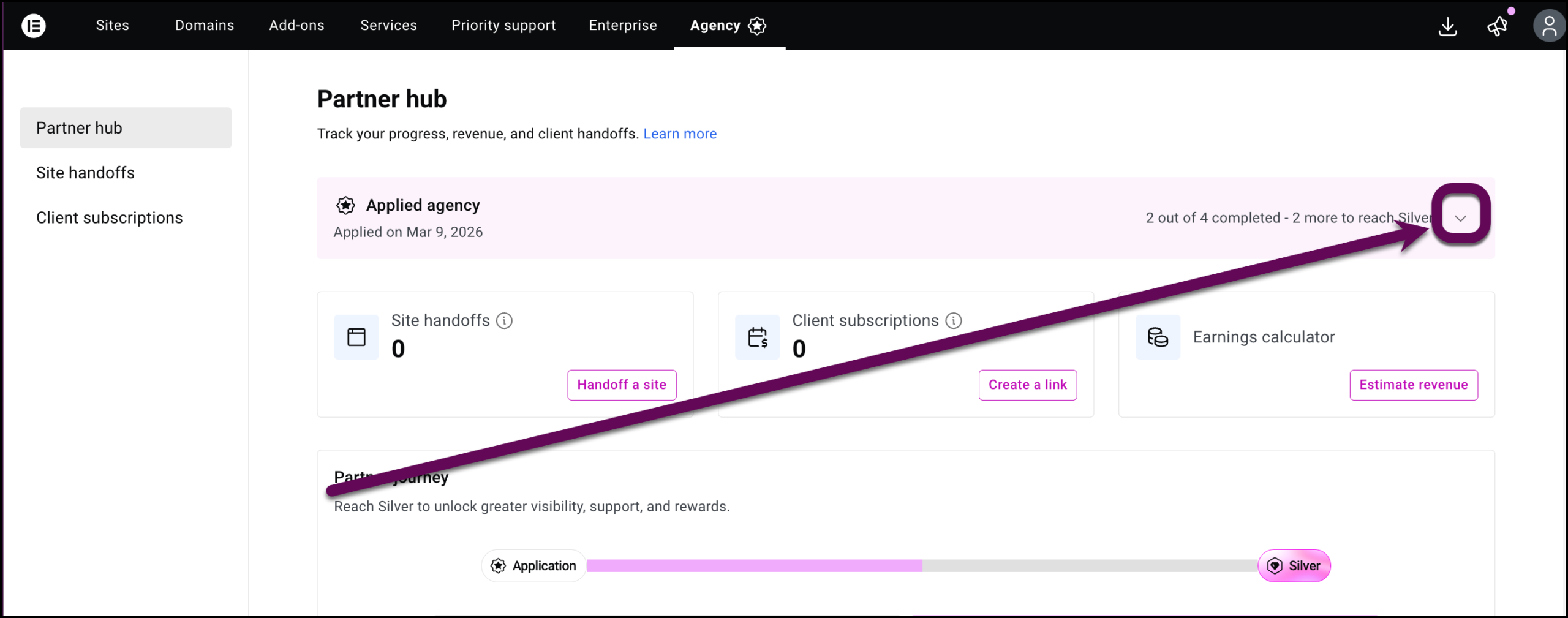 The chevron to display the next level goals