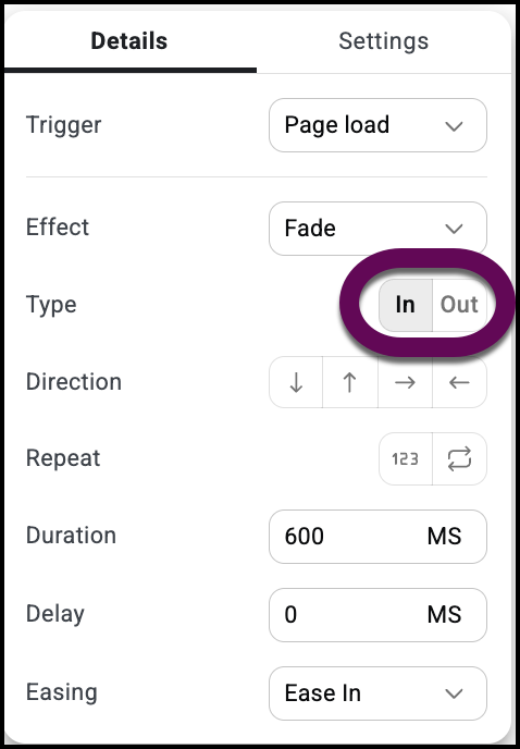 Select either In or Out