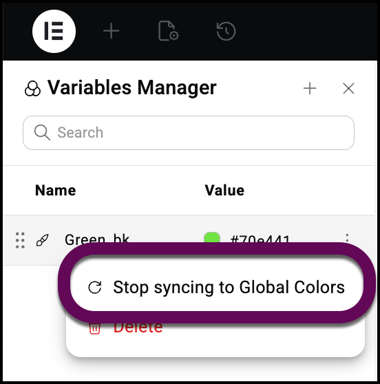 Select stop synching to break the link between the variable and global colors and fonts.