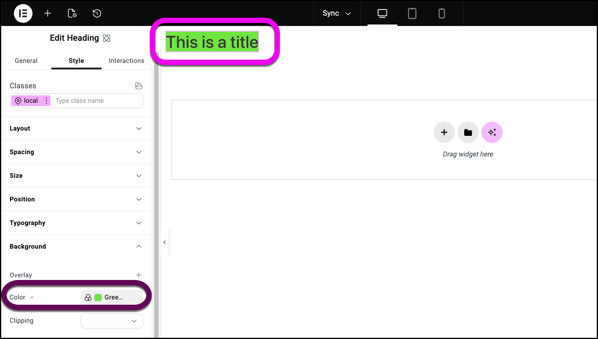 A heading widget using the green background variable