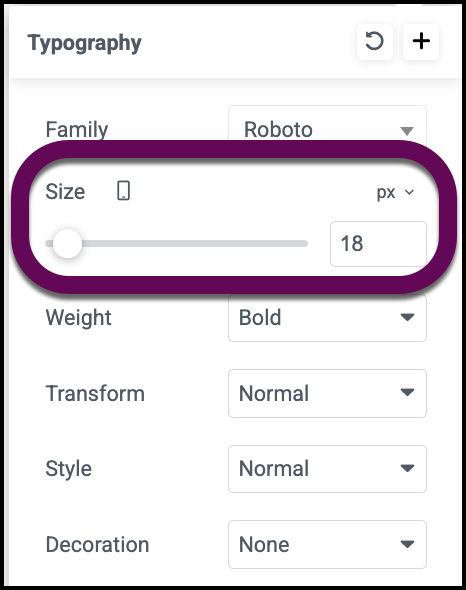 Close-up of the Elementor Style panel showing the blue mobile viewport icon next to the Typography Size slider