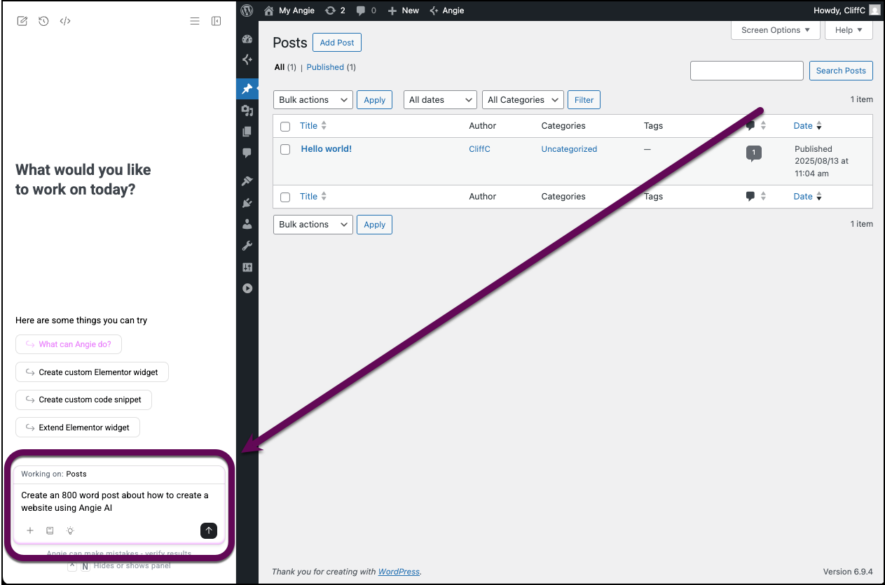 Interface of the Elementor editor showing the Angie AI panel with a text prompt area for describing a blog post.