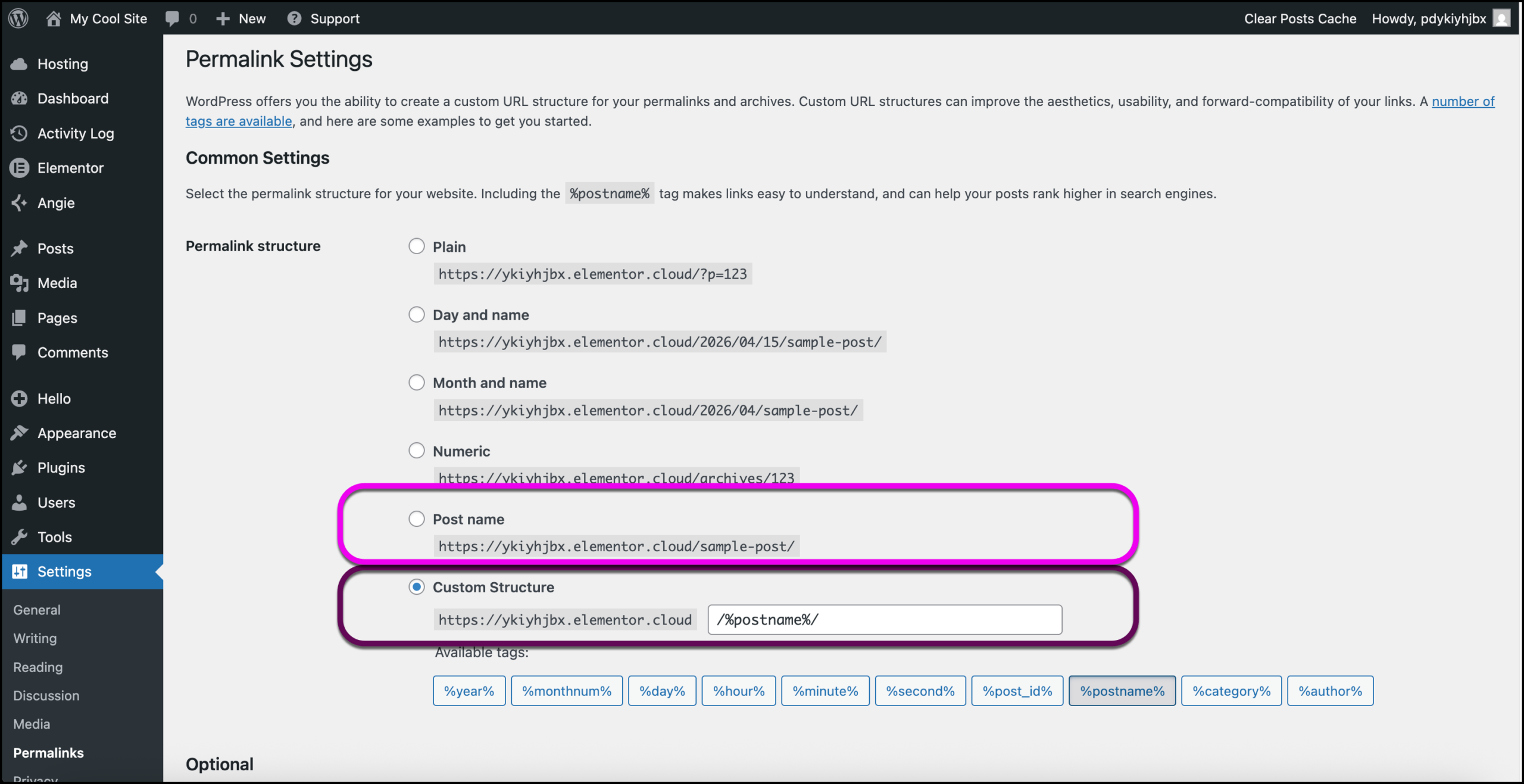 The radio buttons used to switch from Custom Structure to Post Name.