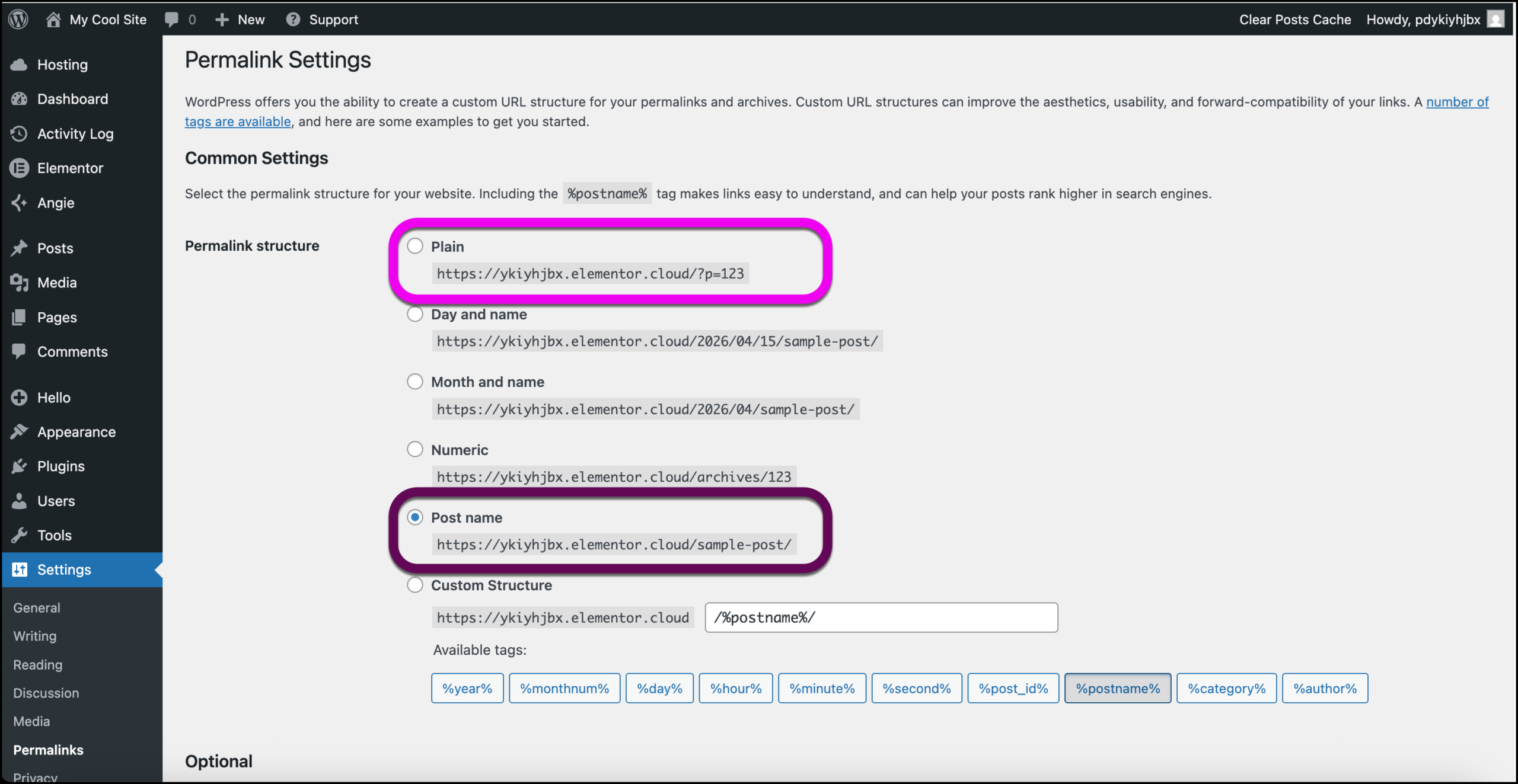 Use the radio buttons to switch between Post name and Plain