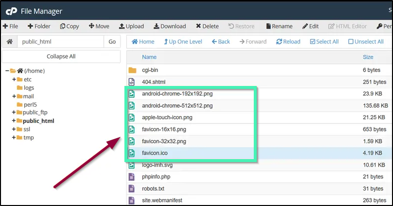 cPanel File Manager interface showing favicon.ico uploaded to the public_html root directory of an Elementor site