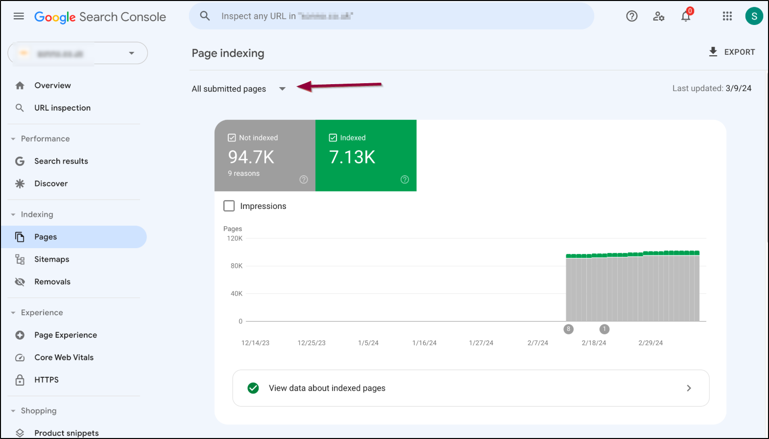 Google Search Console diagnostic dashboard monitoring indexing status for an Elementor website