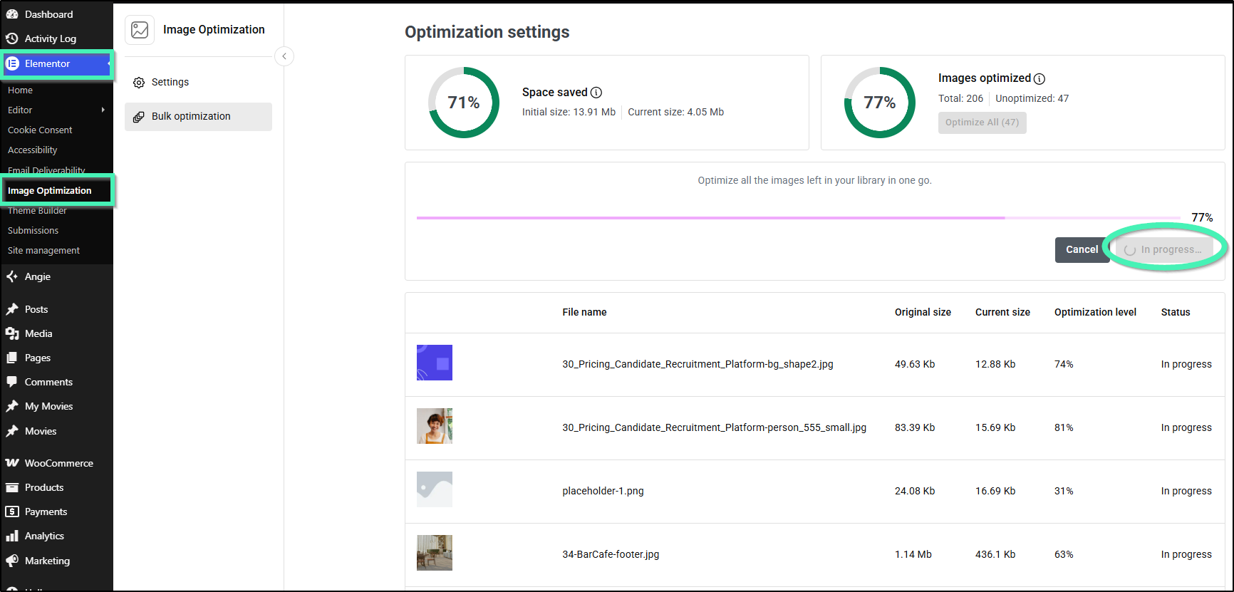 Image Optimization by Elementor settings interface converting media files to WebP and AVIF formats