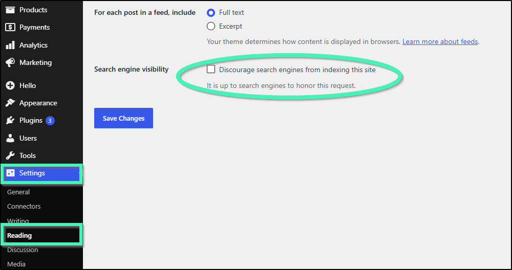 WordPress Reading Settings screen showing the "Discourage search engines from indexing this site" checkbox in the Elementor site dashboard