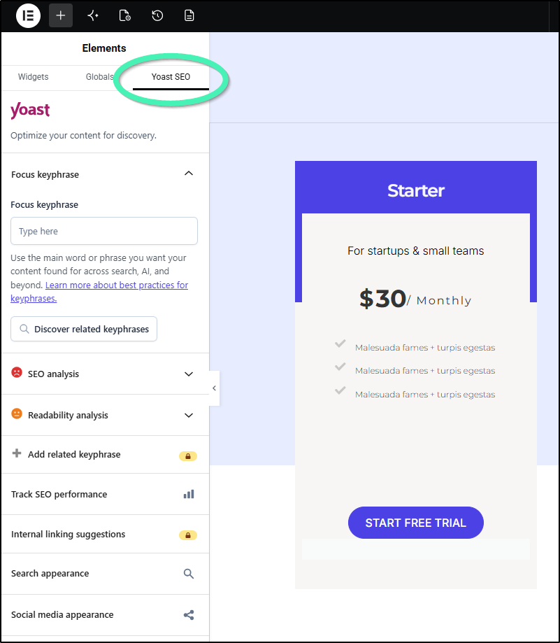 Elementor Editor sidebar panel displaying integrations for Yoast SEO, Rank Math, and AIOSEO plugins