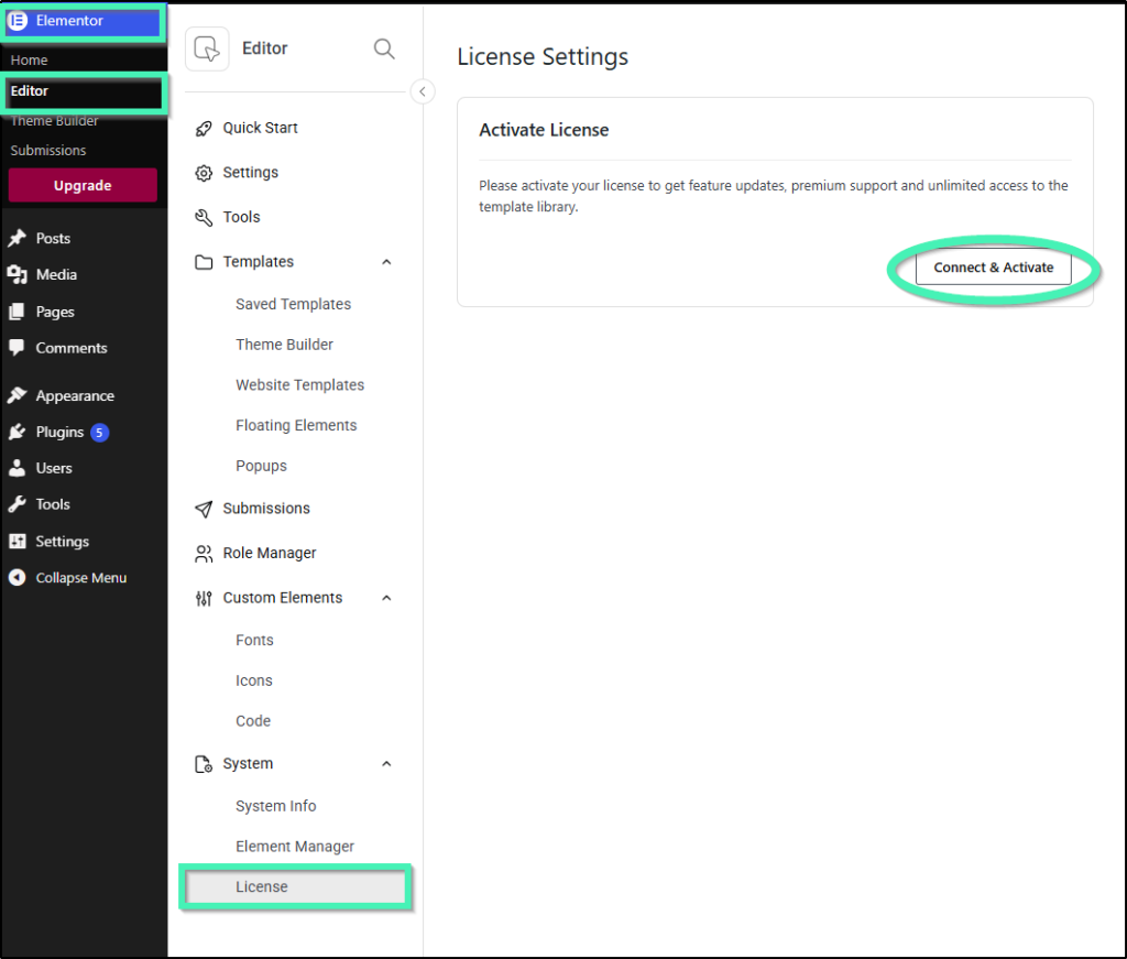 Elementor system tab showing License options