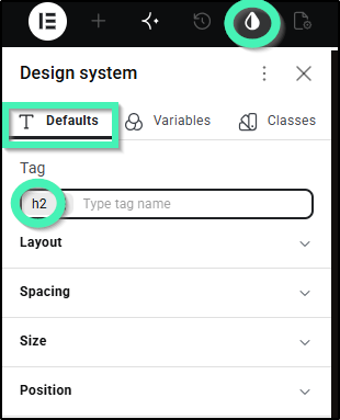 Design system settings showing Defaults tab