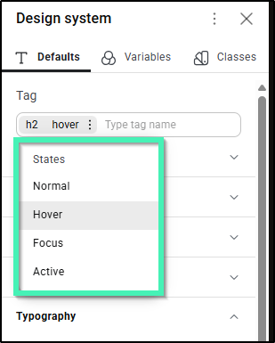 Defaults tab showing tag pseudo-classes