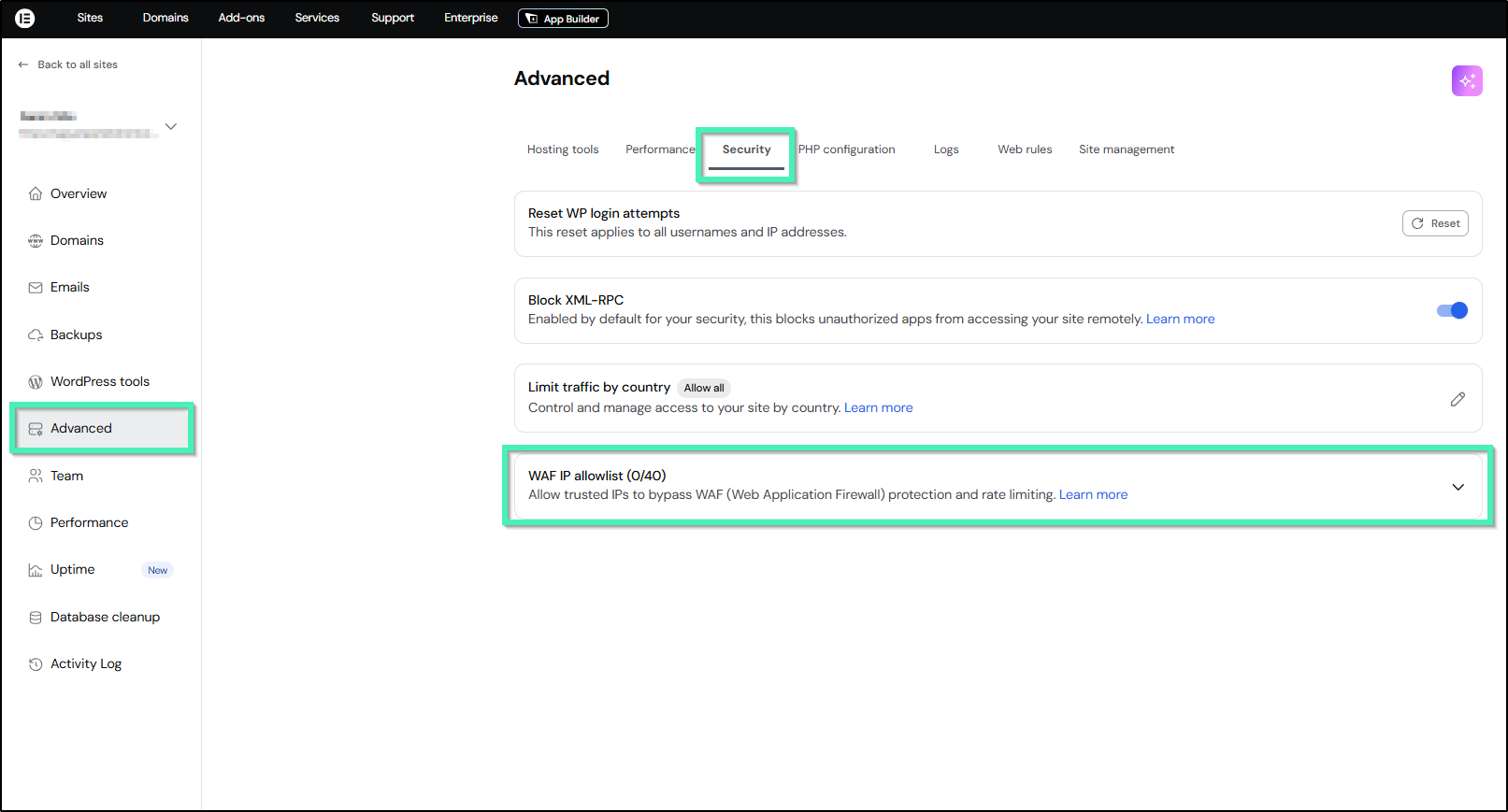 Advanced settings page in Elementor Hosting highlighting the Security tab and the WAF IP allowlist section