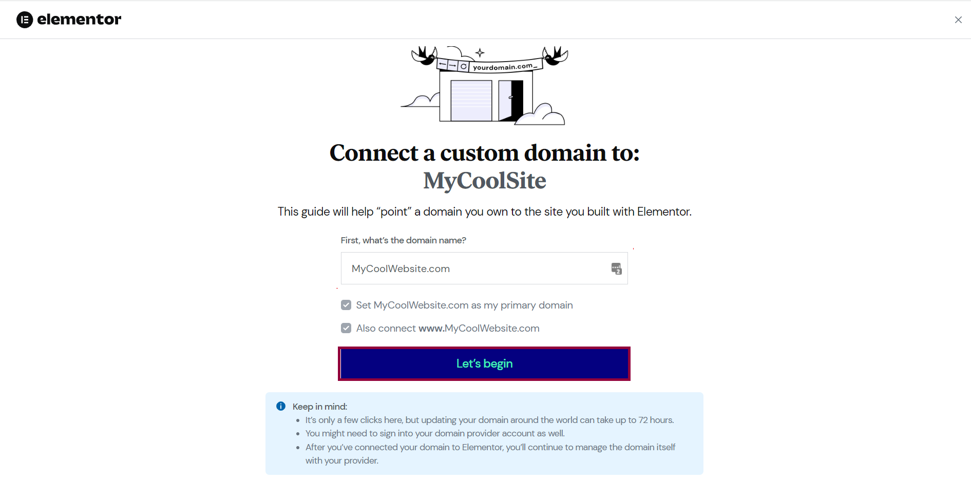 The connect domain window with "Let's Begin" outlined