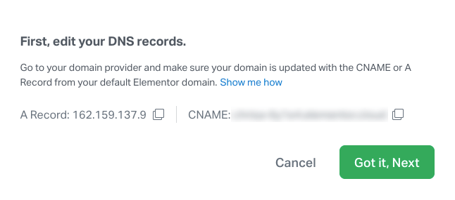 Screenshot of the A Record and CNAME resolution details for a website in the edit your DNS records screen.