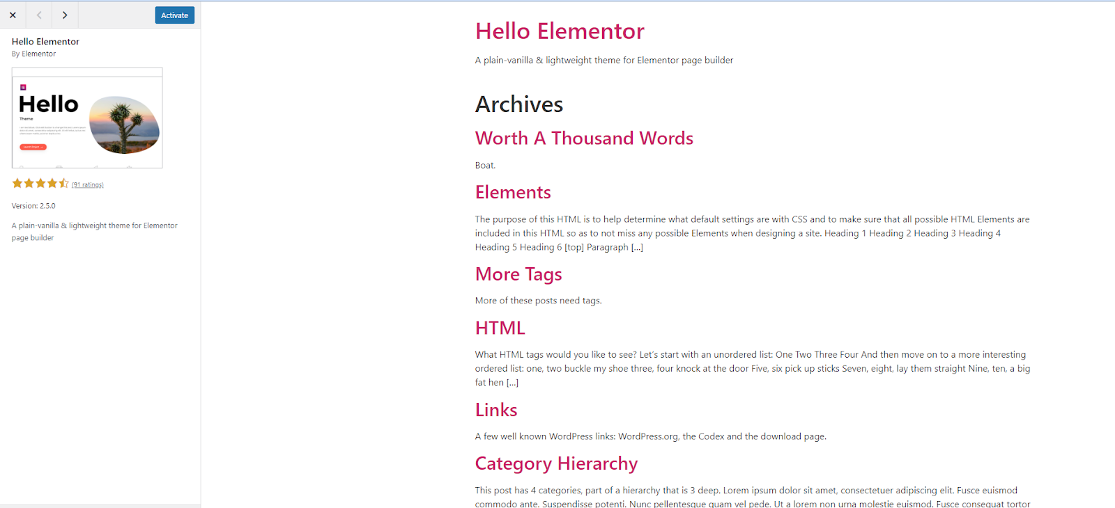 Screenshot showing the Elementor Hello theme layout before any customization.