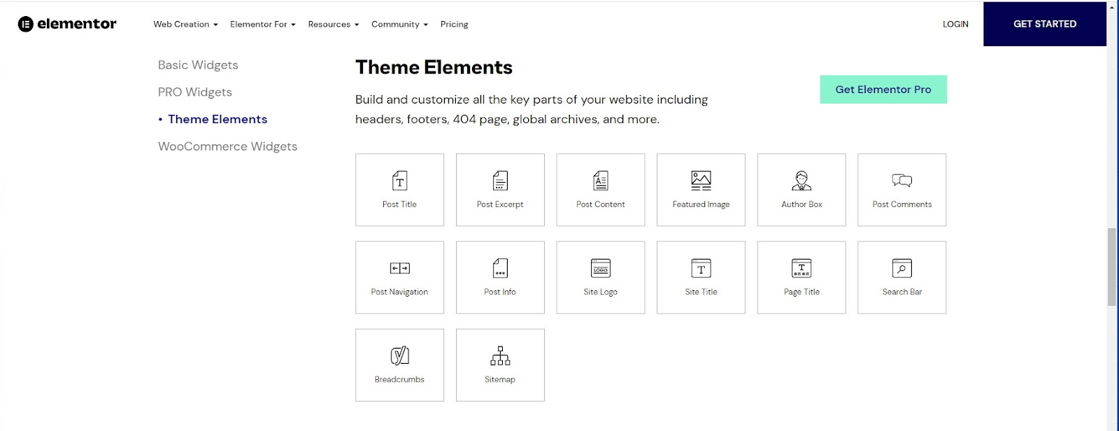 Screenshot showing some of the Theme Element widgets available through your Elementor Pro plugin.