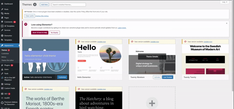 GIF showing steps for adding the Elementor Hello theme on WordPress