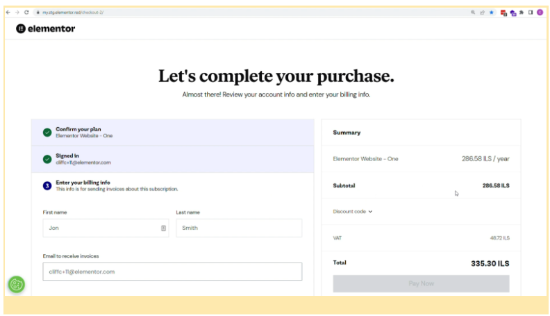 Screenshot of Elementor's sign up and billing page.