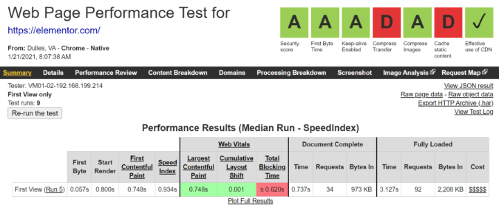 webpagetest speed test results