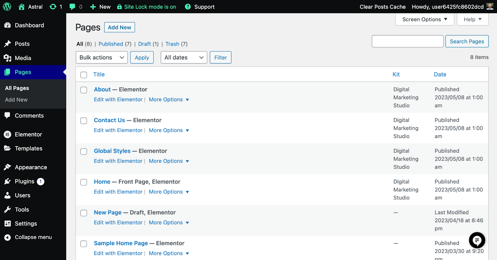 A list of pages in the WordPress dashboard