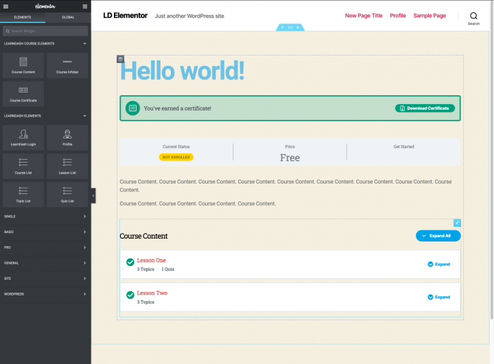 A preview of the LearnDash course template in Elementor