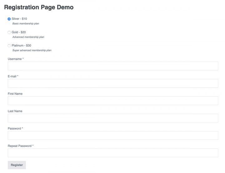 Registration page Demo