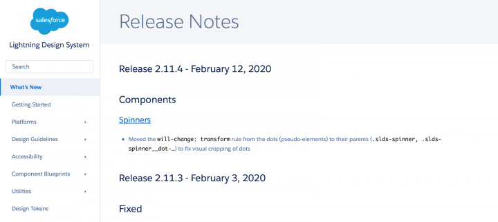 Salesforce design system's what's new page