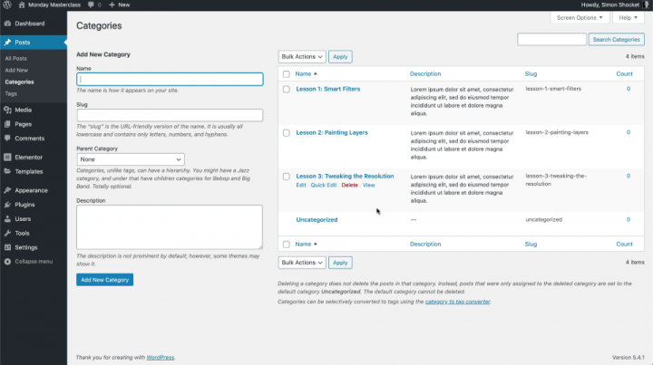 Setting-categories-lessons-online-course-wordpress-elementor