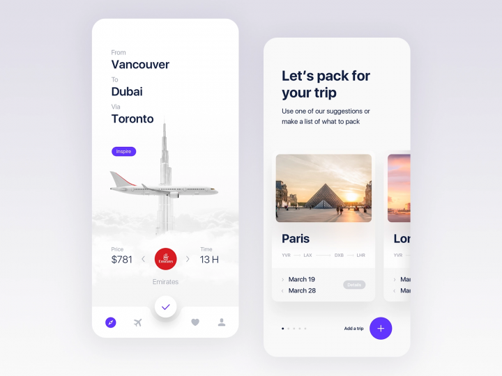 Travel app home screen UI design