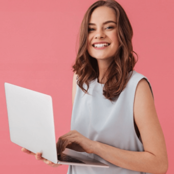 a model with a laptop