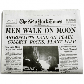 a picture of an old newspaper with the moon landing on the cover